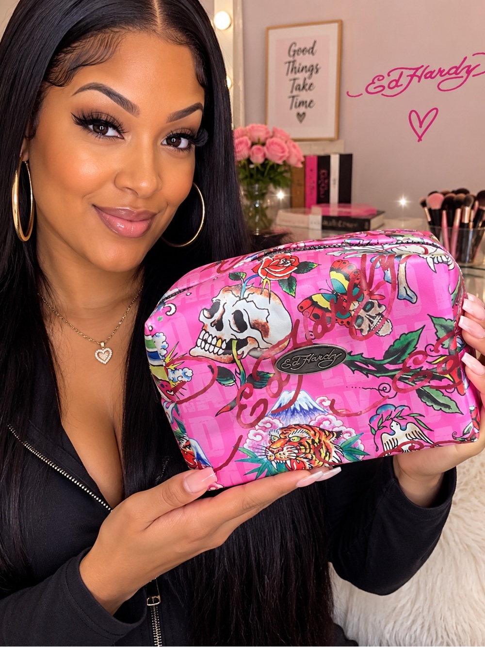 Ed Hardy Vibrant Pink Tattoo-Print Cosmetic Bag